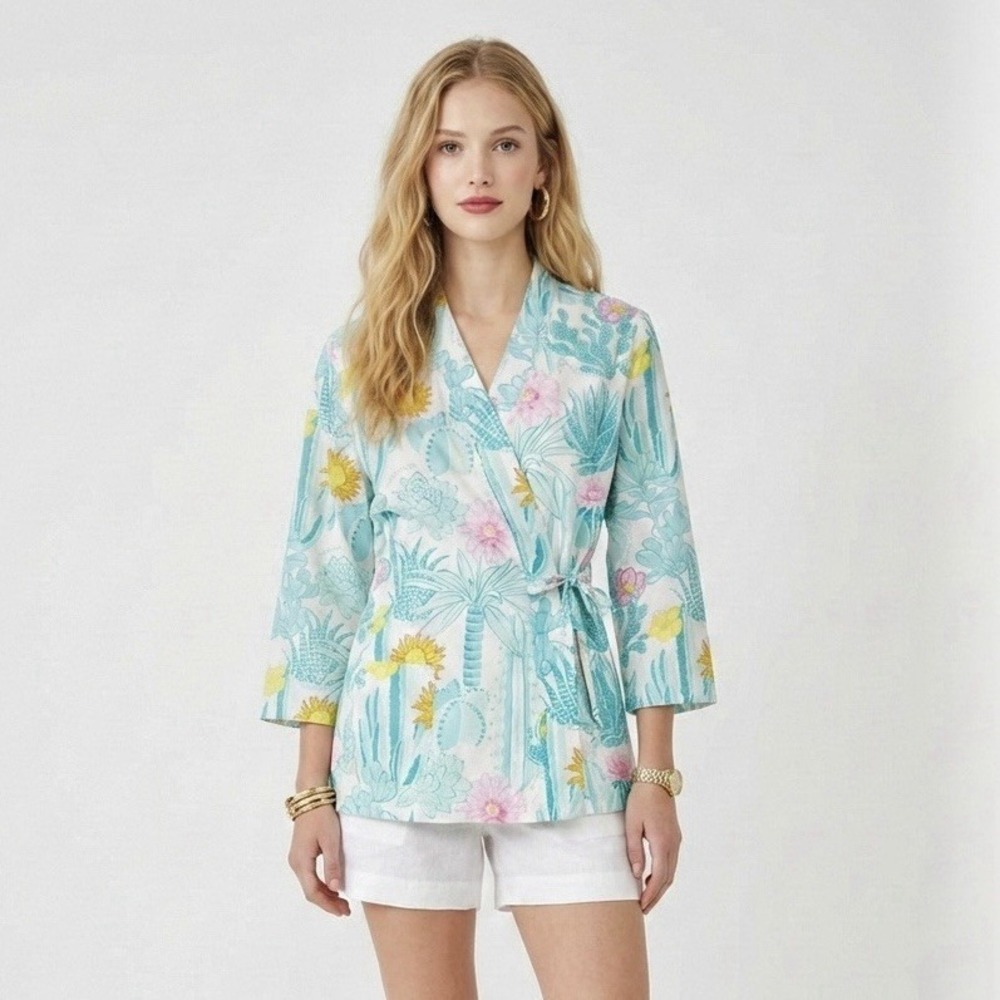 Manuel Canovas Wrap Top Blue Pink Floral 100% Cotton Beach Resort Blouse US S